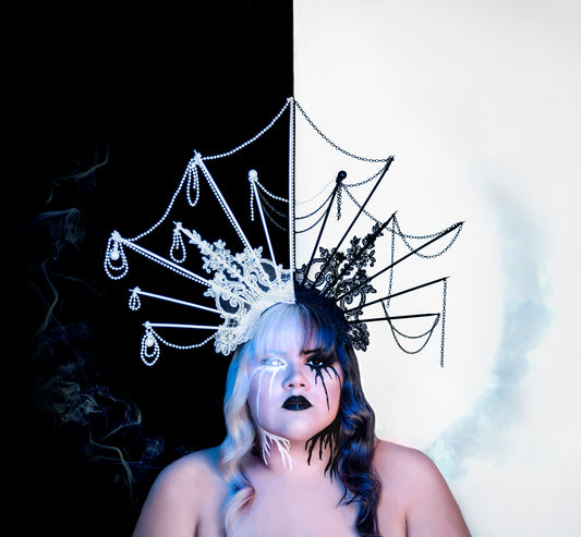 COMING SOON - Black & White Half & Half Ornate Lace Headpiece "Pearls & Chains"