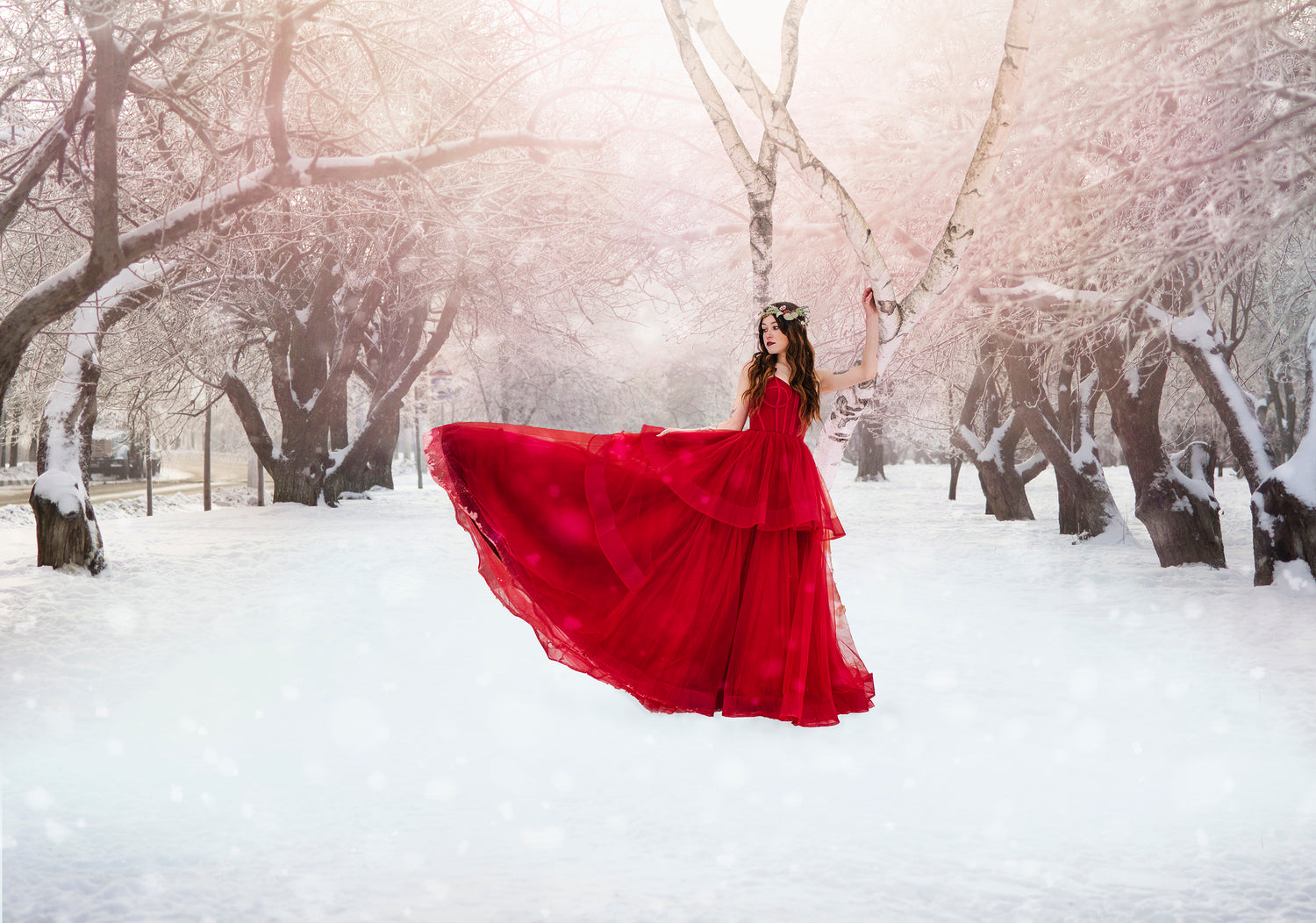 Fantasy Portrait with Red Dress and Pine Crown in the winter snow composite by faeted photography