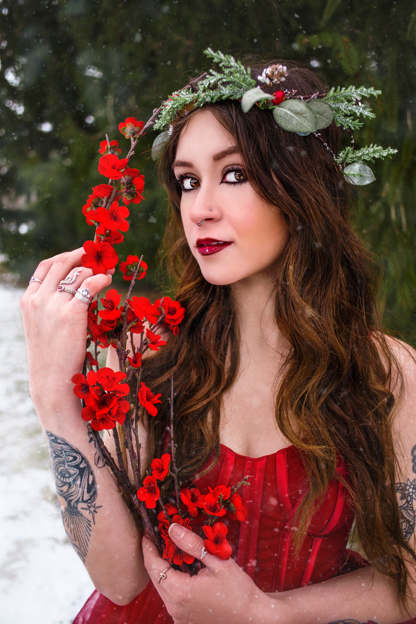 Snowy Winter Frosted Pine & Berry Crown