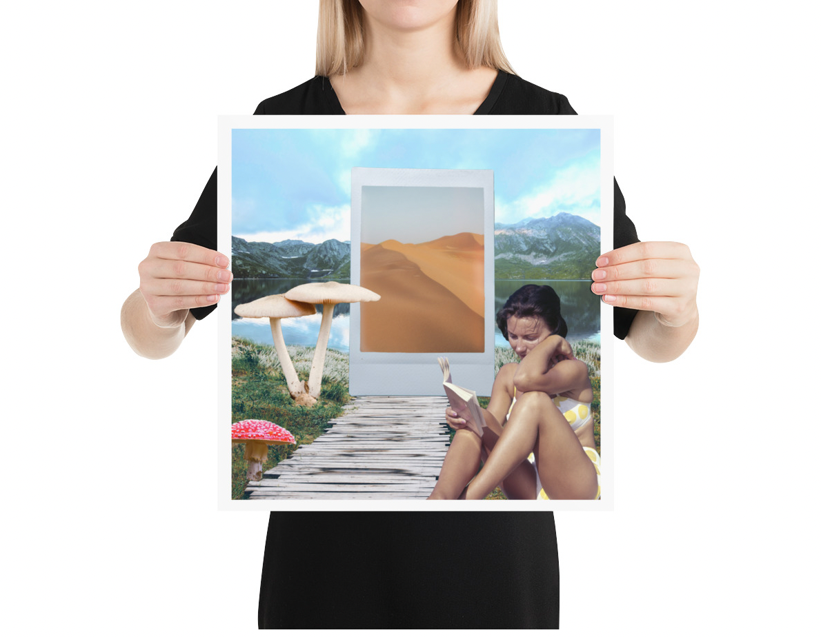 Art Print Collage - Mushrooms in the mountains 16 inches by 16 inches mockup