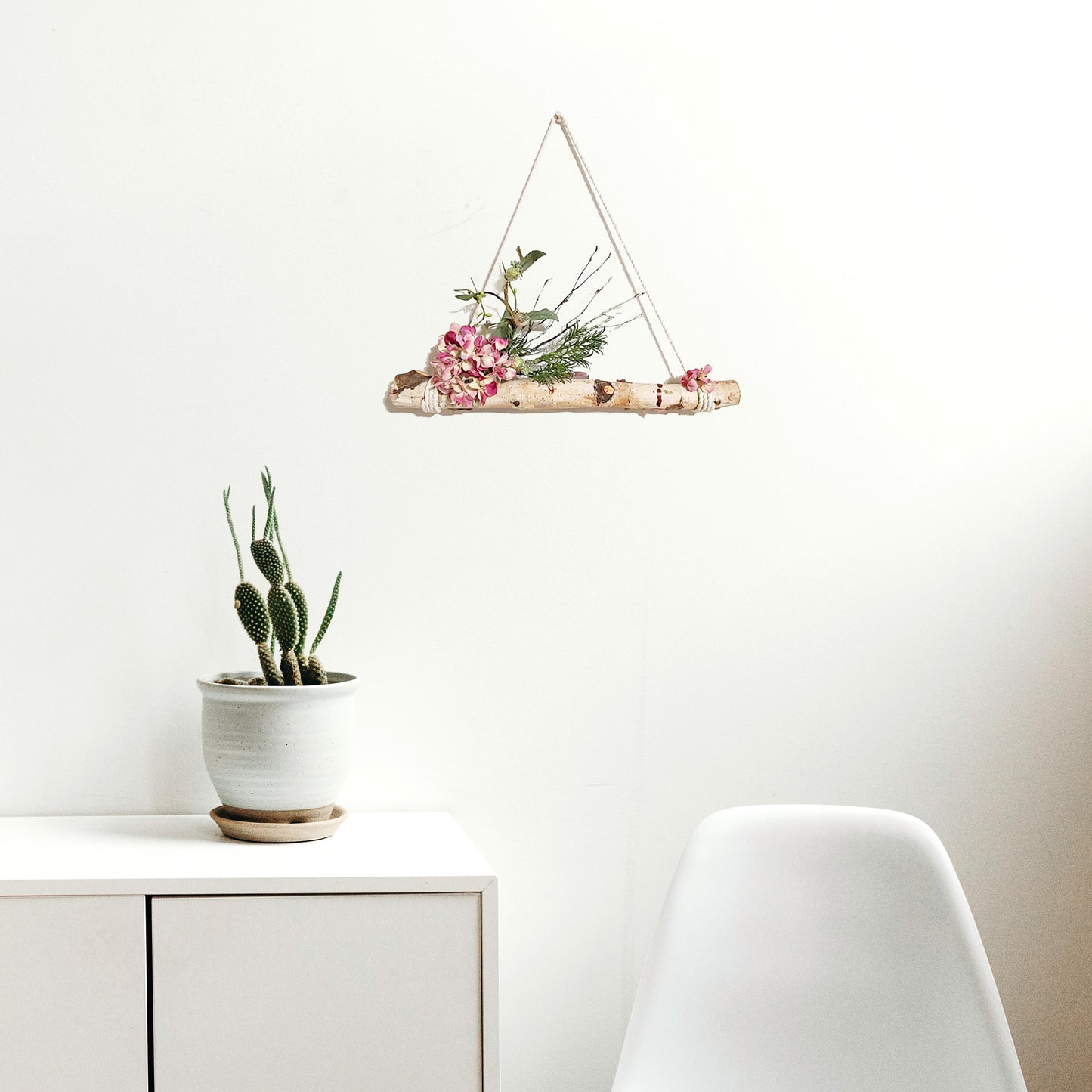 Hanging Birch Wreath with Pink Florals and greenery Mockup