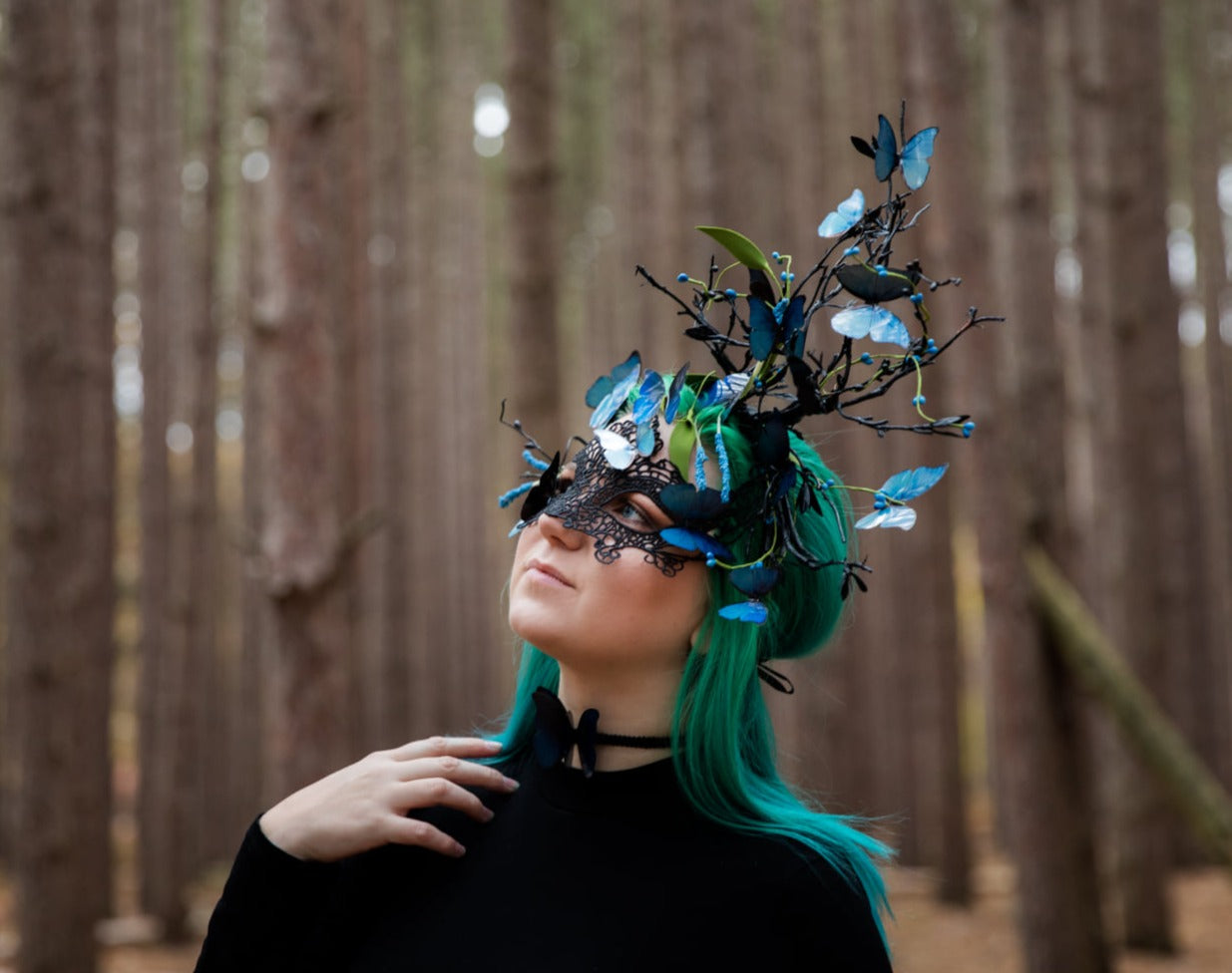 blue morpho butterfly headpiece modeled with butterfly mask