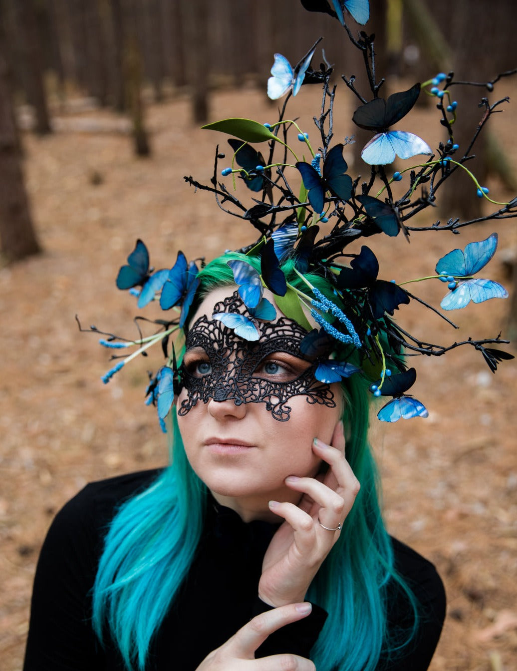 blue morpho butterfly headpiece modeled with butterfly mask