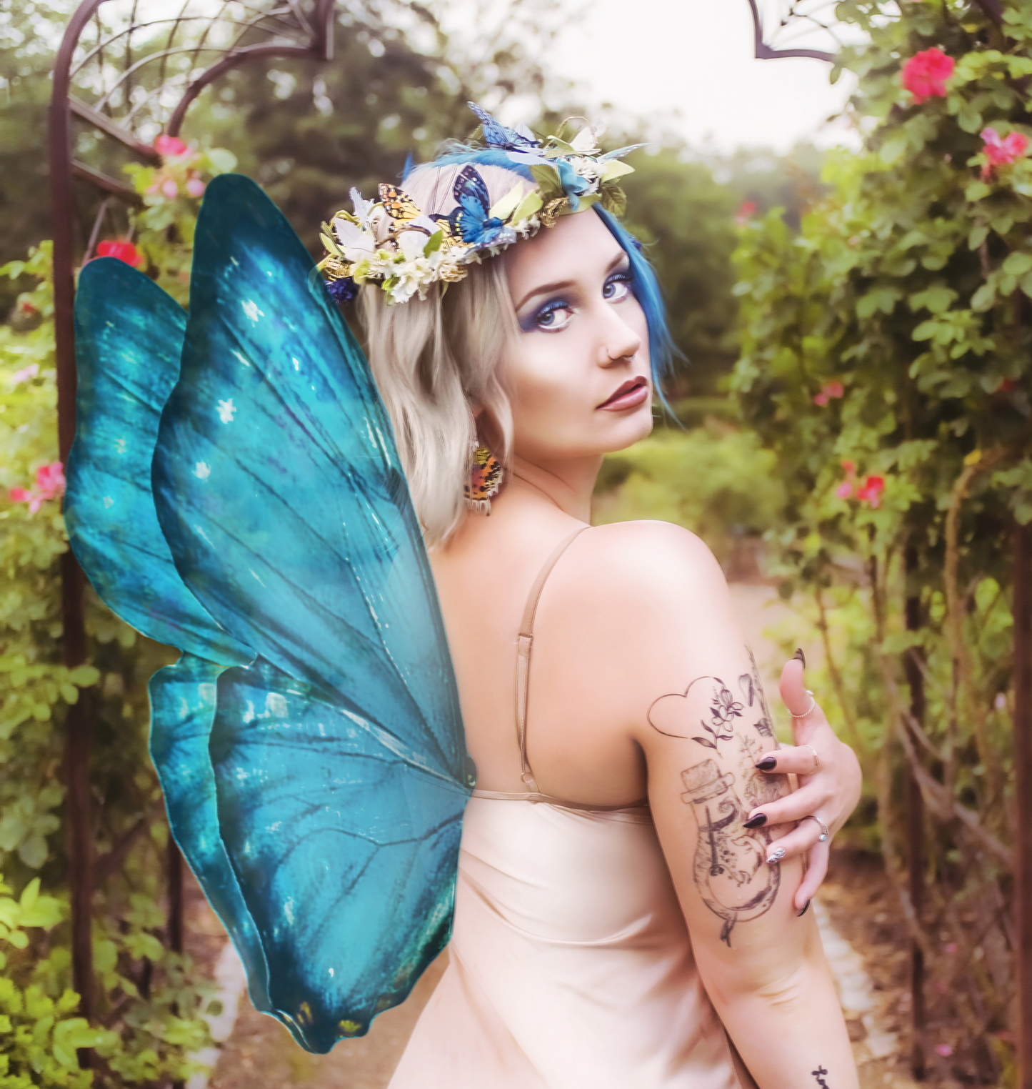 Blue Butterfly Nature Crown Modeled on a Fairy