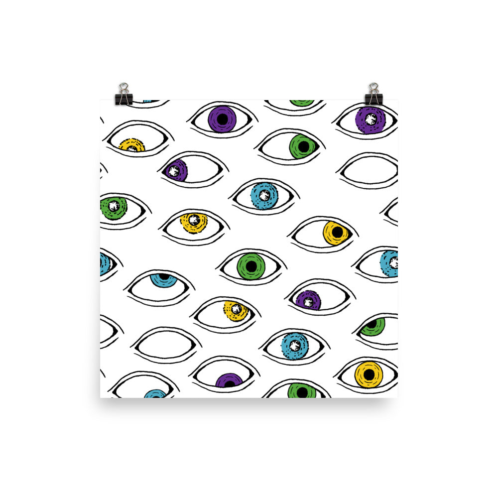 Eyes of the Beholder is an illustrated print that will bring color and pattern into your home or office space. Unique, yet fun, this artwork toes the line between weird in a quirky cute way and a strange eerie way. The perfect mix of light and dark, strange and cute, & brightly colorful yet not too vibrant.