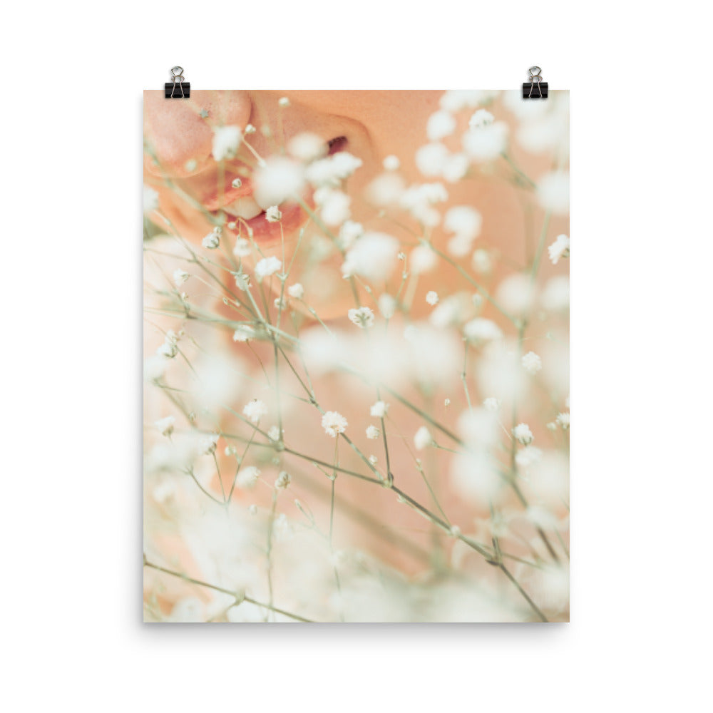Subtle Smiles shine through the soft glow of white wildflowers. This is print is perfect if you love light and airy vibes. Lighten up your space with good vibes & bright artwork.