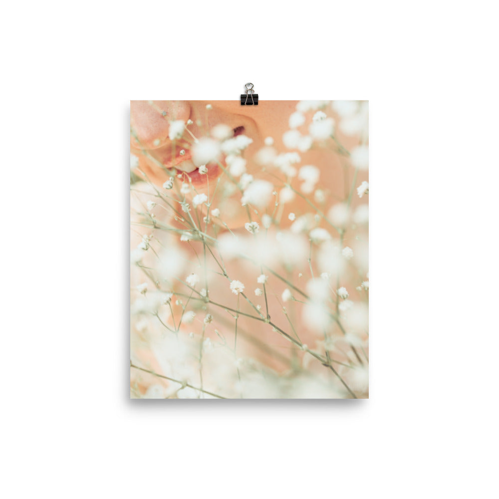 Subtle Smiles shine through the soft glow of white wildflowers. This is print is perfect if you love light and airy vibes. Lighten up your space with good vibes & bright artwork.
