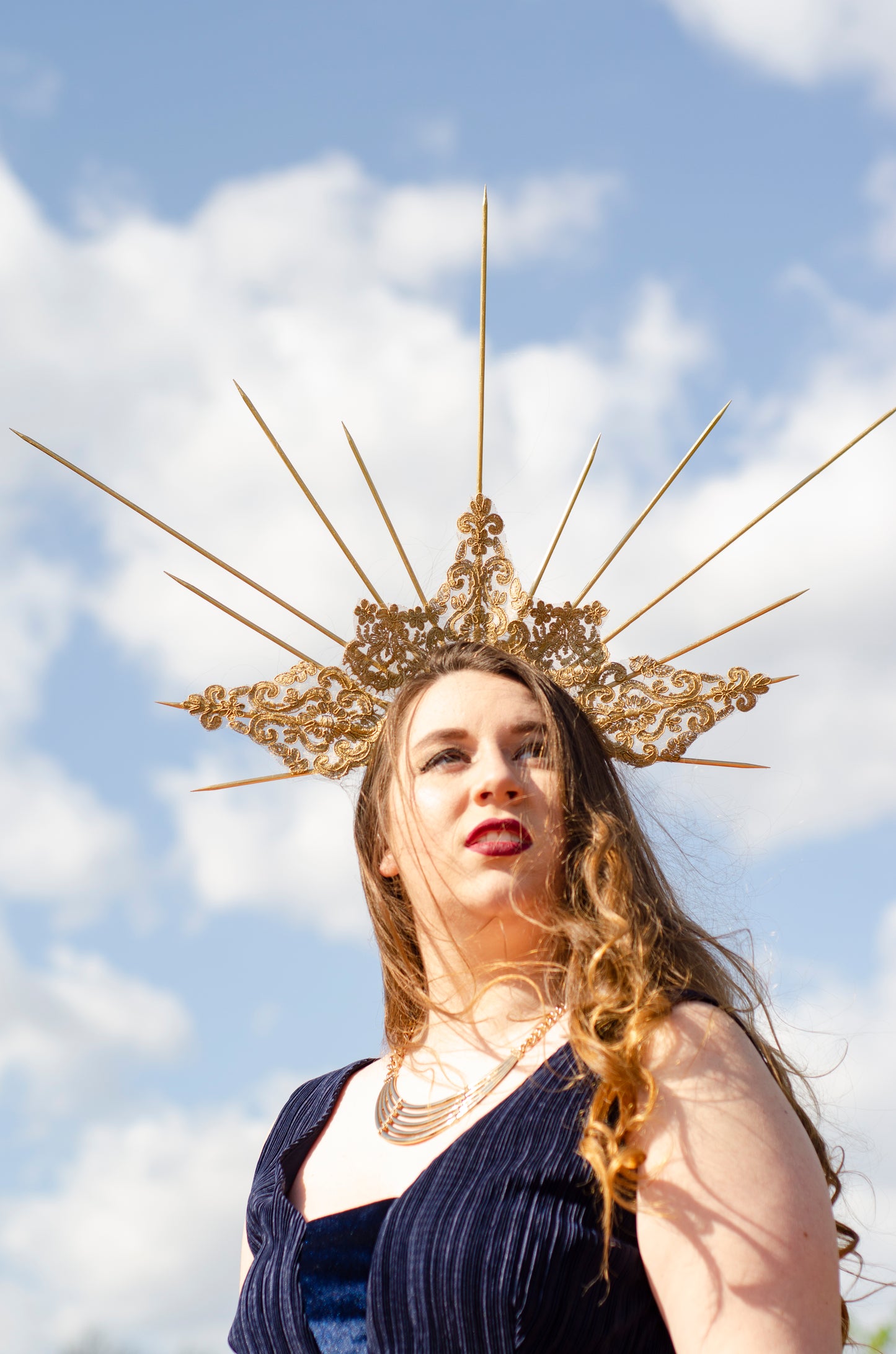 gold goddess spiked crown modeled