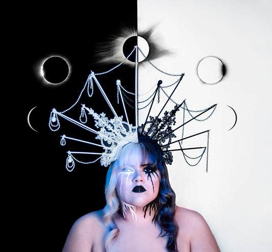 COMING SOON - Black & White Half & Half Ornate Lace Headpiece "Pearls & Chains"