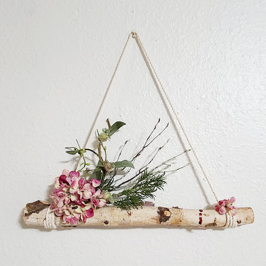 Hanging Birch Wreath with Pink Florals and greenery