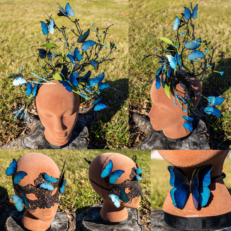 blue morpho butterfly set - headpiece, mask, and choker