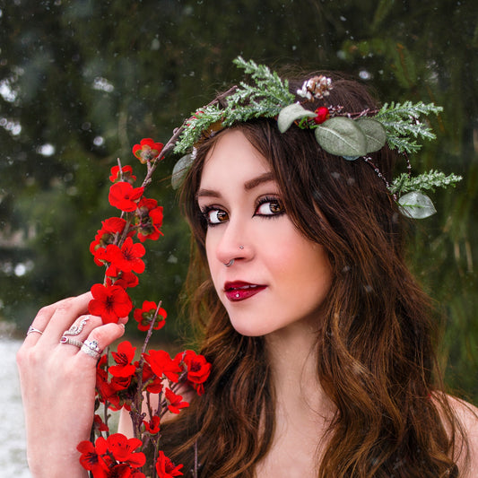Snowy Winter Frosted Pine & Berry Crown
