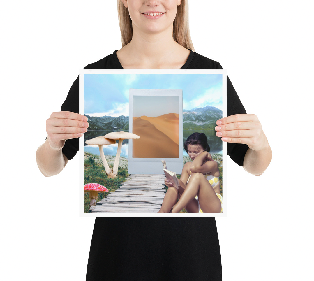 Art Print Collage - Mushrooms in the mountains 14 inches by 14 inches mockup