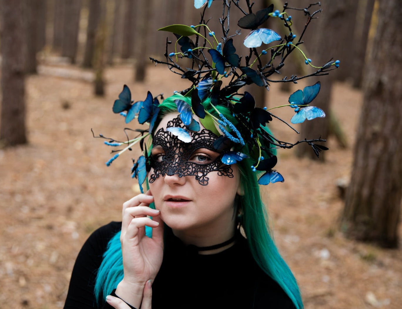 blue morpho butterfly headpiece modeled with butterfly mask