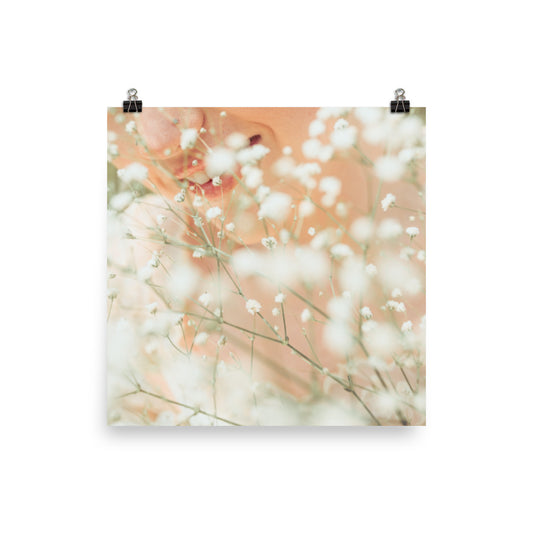 Subtle Smiles shine through the soft glow of white wildflowers. This is print is perfect if you love light and airy vibes. Lighten up your space with good vibes & bright artwork.