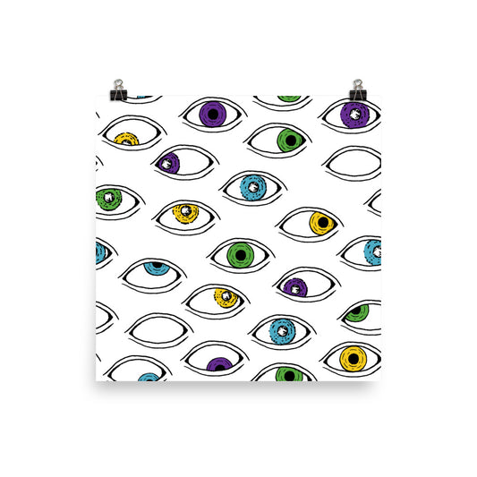 Eyes of the Beholder is an illustrated print that will bring color and pattern into your home or office space. Unique, yet fun, this artwork toes the line between weird in a quirky cute way and a strange eerie way. The perfect mix of light and dark, strange and cute, & brightly colorful yet not too vibrant.