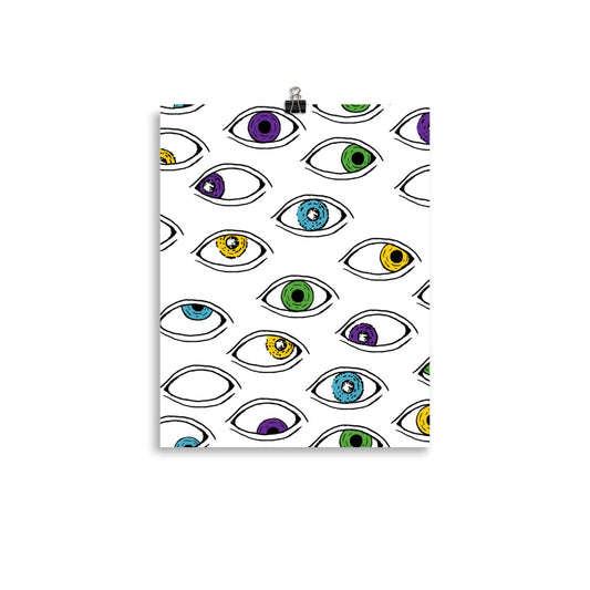 Eyes of the Beholder is an illustrated print that will bring color and pattern into your home or office space. Unique, yet fun, this artwork toes the line between weird in a quirky cute way and a strange eerie way. The perfect mix of light and dark, strange and cute, & brightly colorful yet not too vibrant.