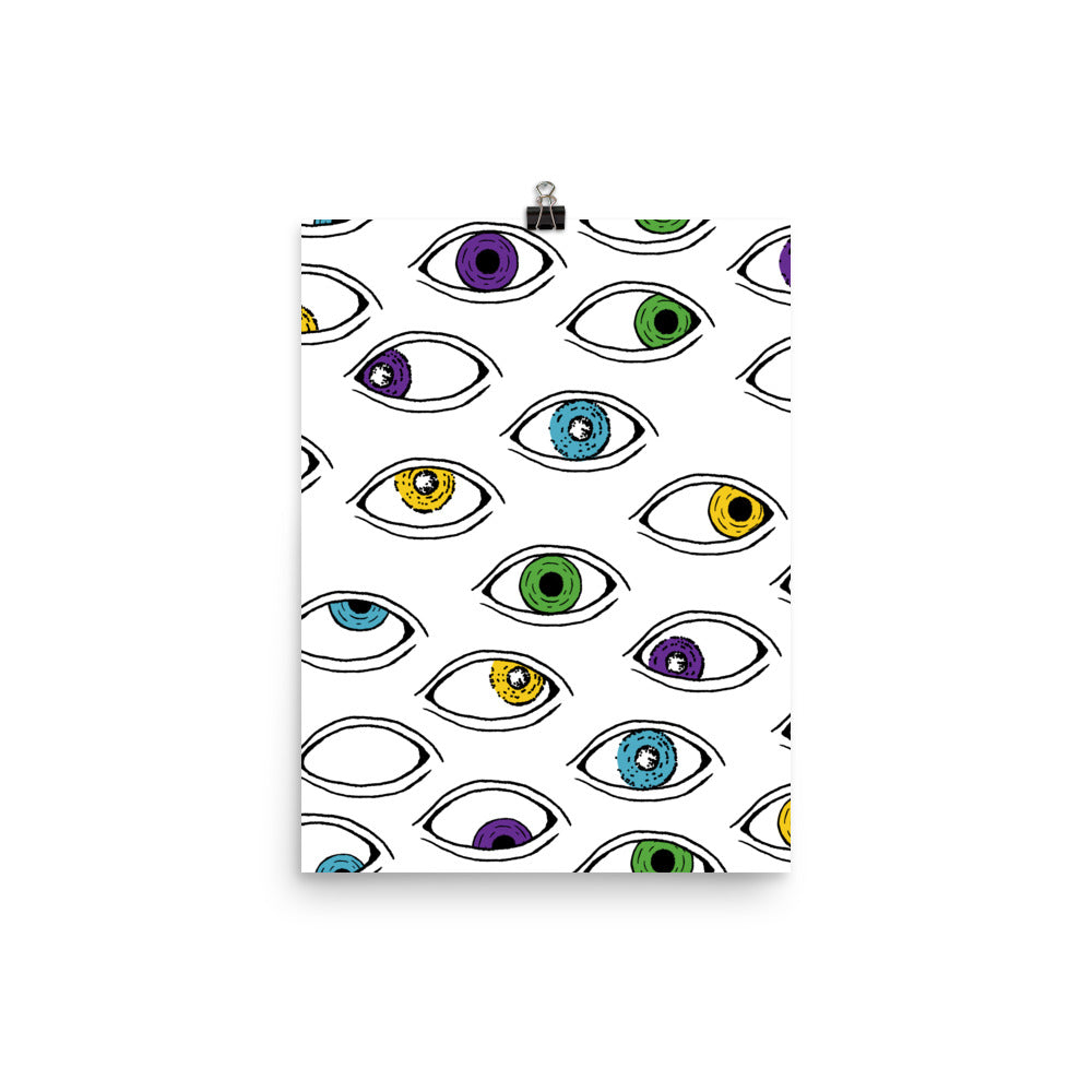 Eyes of the Beholder is an illustrated print that will bring color and pattern into your home or office space. Unique, yet fun, this artwork toes the line between weird in a quirky cute way and a strange eerie way. The perfect mix of light and dark, strange and cute, & brightly colorful yet not too vibrant.