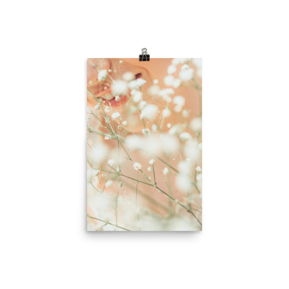 Subtle Smiles shine through the soft glow of white wildflowers. This is print is perfect if you love light and airy vibes. Lighten up your space with good vibes & bright artwork.