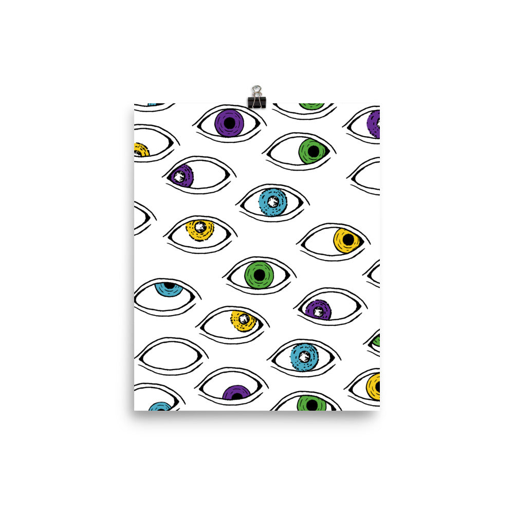 Eyes of the Beholder is an illustrated print that will bring color and pattern into your home or office space. Unique, yet fun, this artwork toes the line between weird in a quirky cute way and a strange eerie way. The perfect mix of light and dark, strange and cute, & brightly colorful yet not too vibrant.