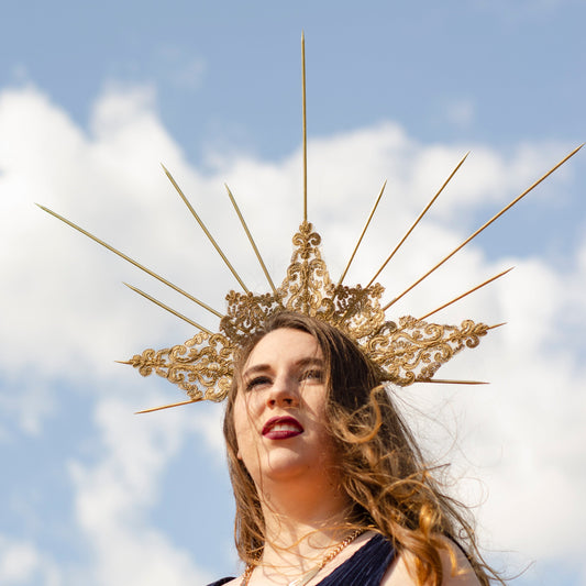 gold goddess spiked crown modeled