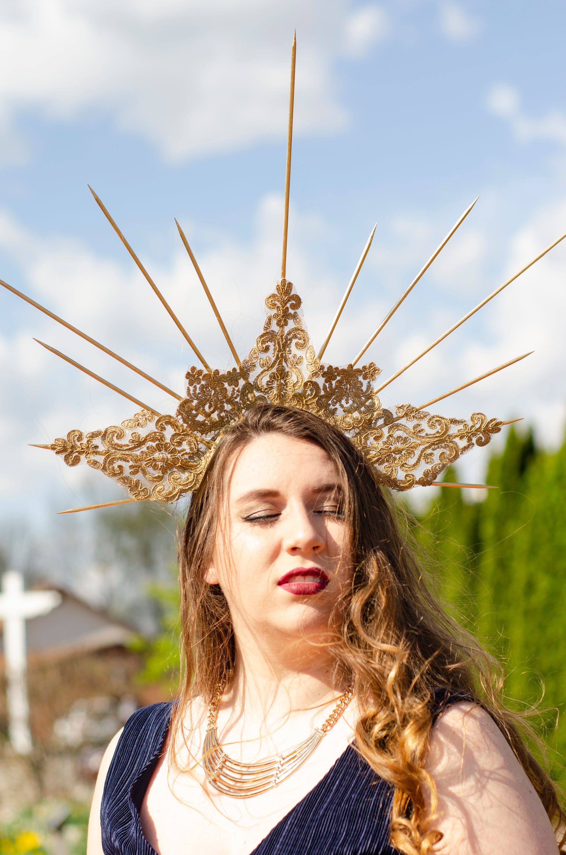 gold goddess spiked crown modeled